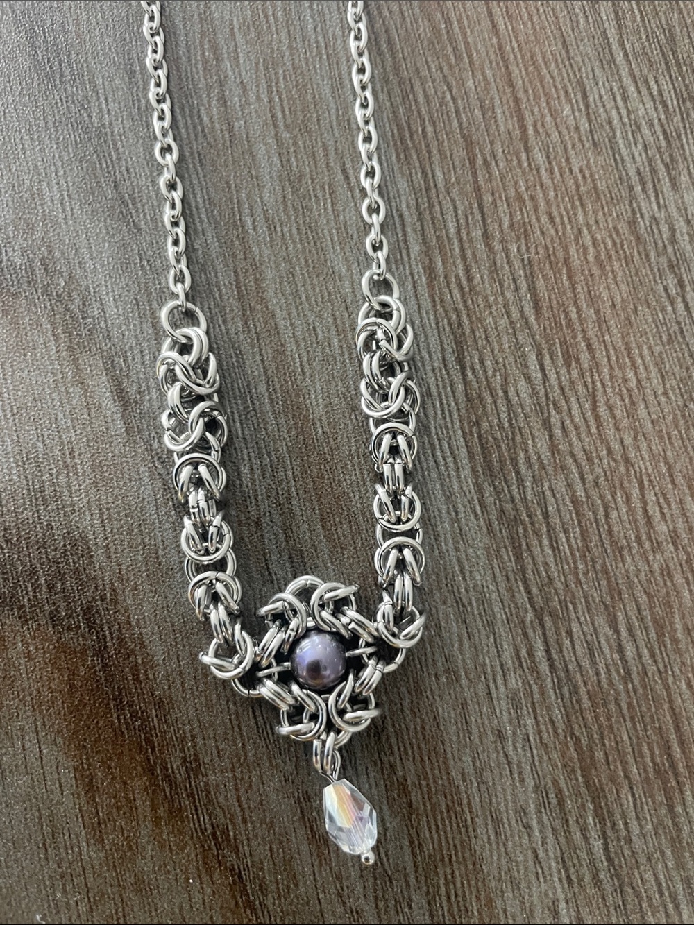 Silver Chain Necklace with Purple Pearl Center and Crystal Drop